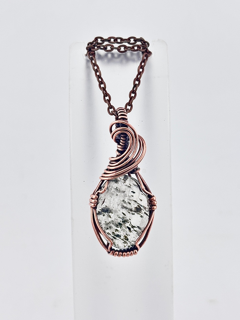 HANDMADE Quartz with Inclusions Copper Wire Wrapped Artisan Pendant Necklace